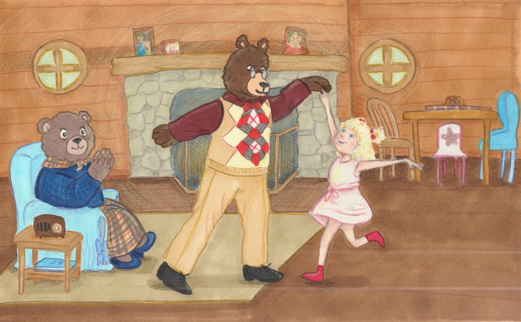 Blondie, Umber, and Sienna Threebears having fun in a cozy log cabin living room with a stone fireplace.