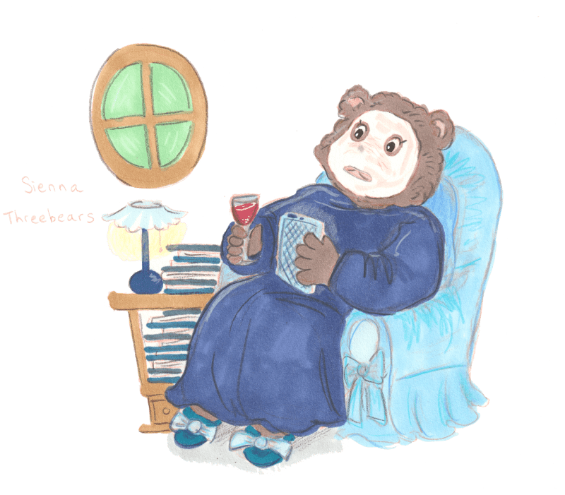 Character study of Sienna Threebears showing her love of reading and comfort. 